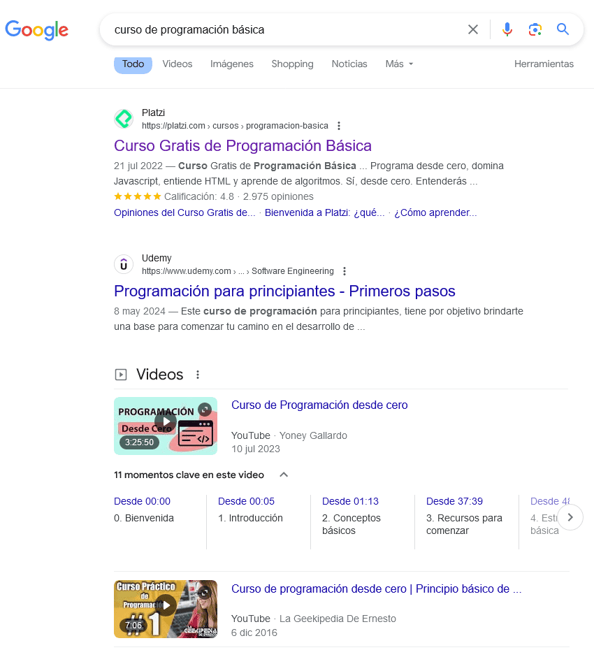 Ejemplo de SERP en Google