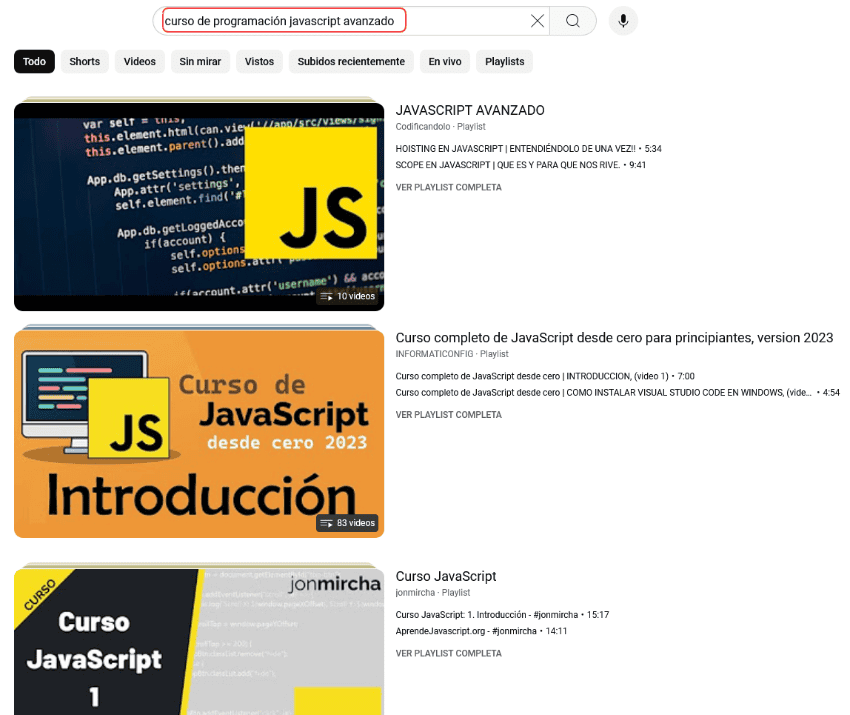Ejemplo de SERP en Youtube
